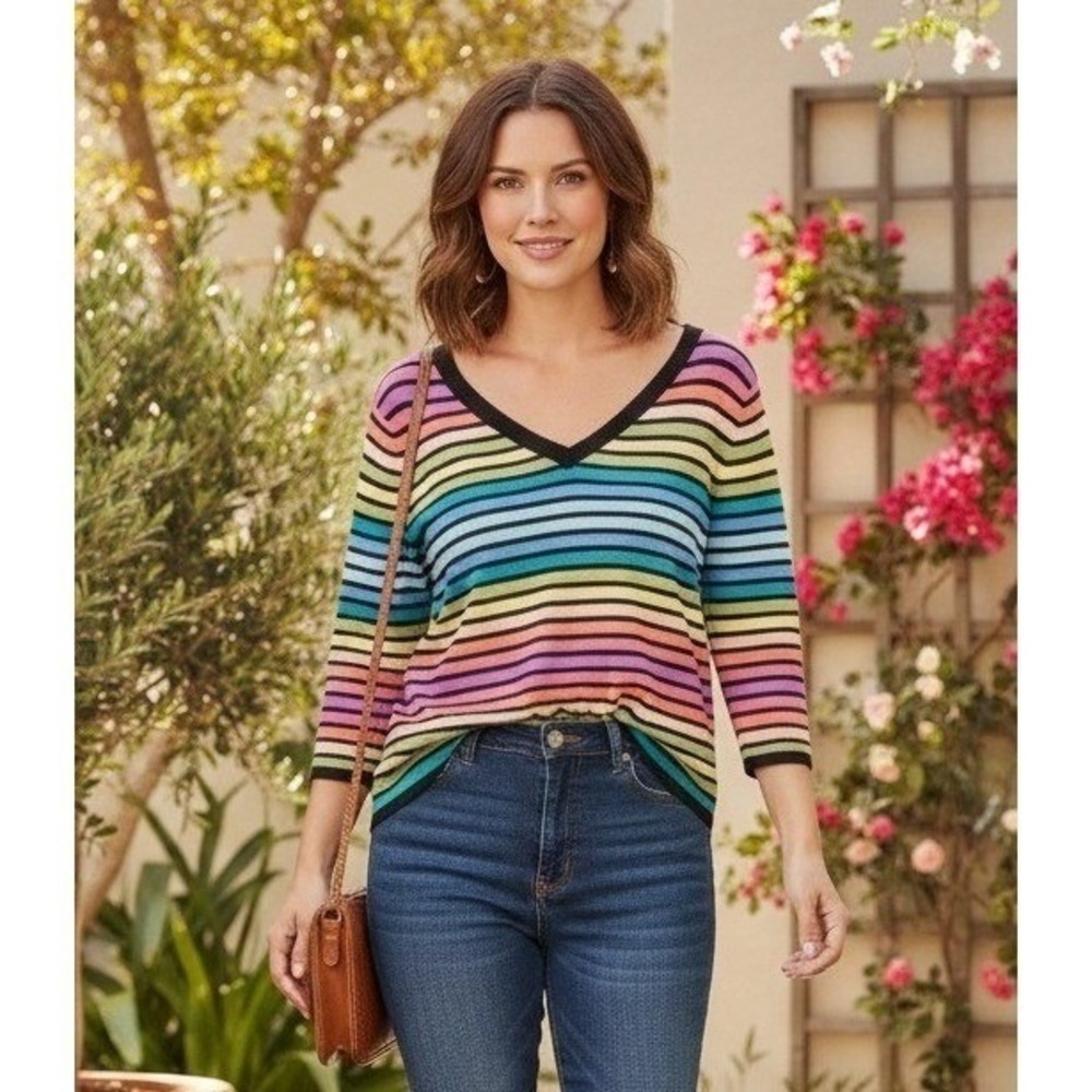 Studio by Liz Claiborne Striped V-Neck 3/4 Sleeve Top Women's S Petite Vacation